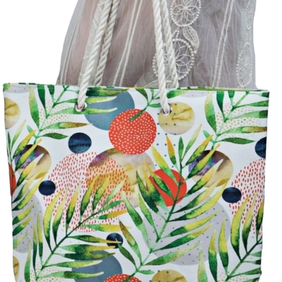 TROPICAL LEAF WITH FLOWER PRINT & ABSTRACT TOTE BAG - Picture 8 of 8